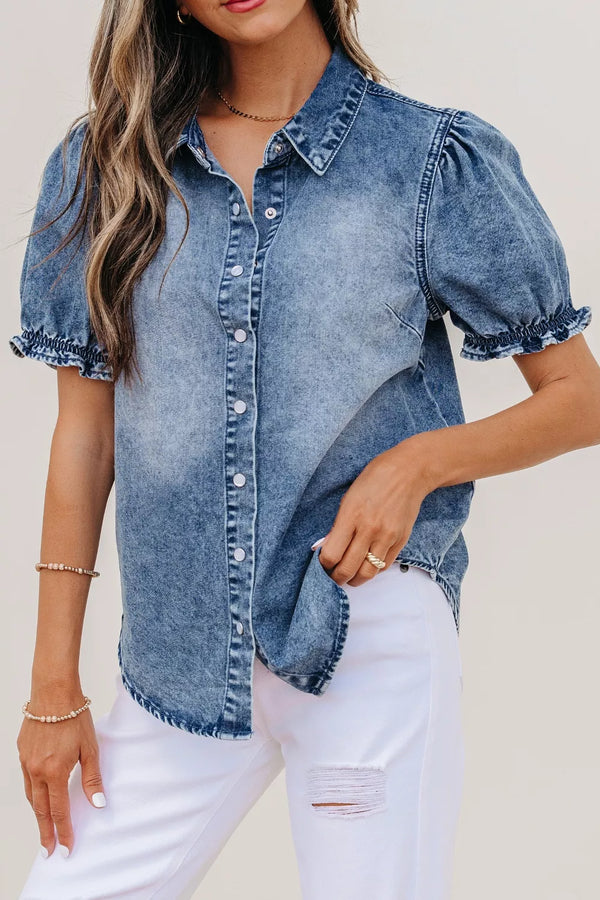 Frilled Short Sleeve Snap Button Denim Shirt